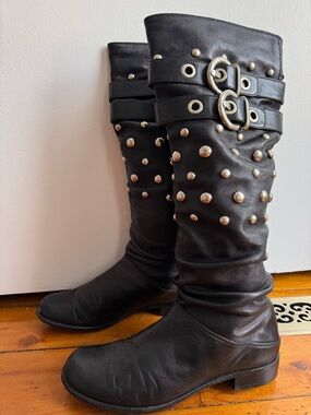 Rare Y2K Stuart Weitzman Studded Leather Knee High Boots Buckle Moto